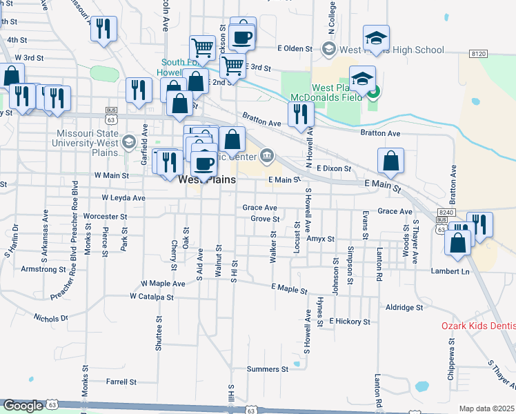 map of restaurants, bars, coffee shops, grocery stores, and more near 398 Grove Street in West Plains