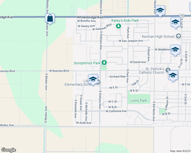 map of restaurants, bars, coffee shops, grocery stores, and more near 555 South Siskiyou Avenue in Kerman