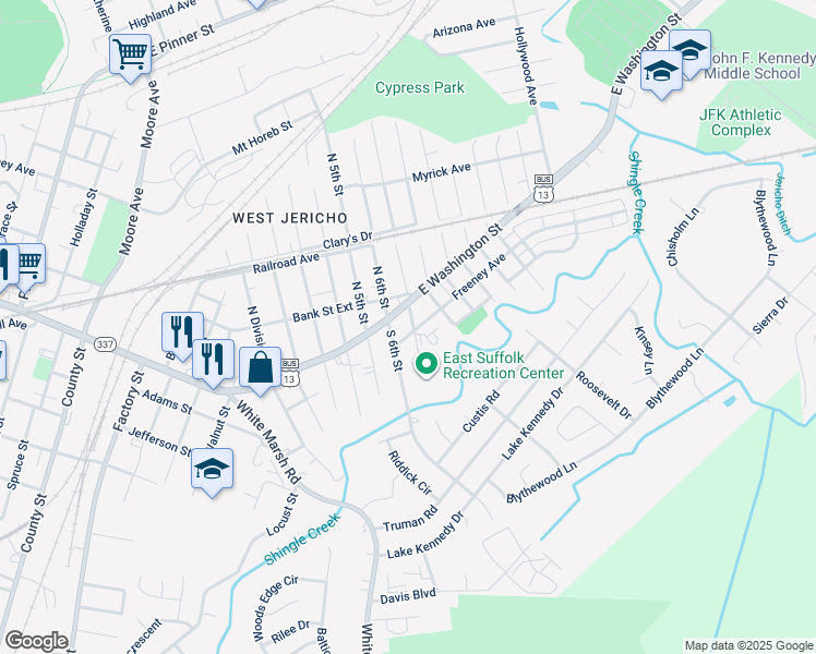 map of restaurants, bars, coffee shops, grocery stores, and more near 113 South 7th Street in Suffolk