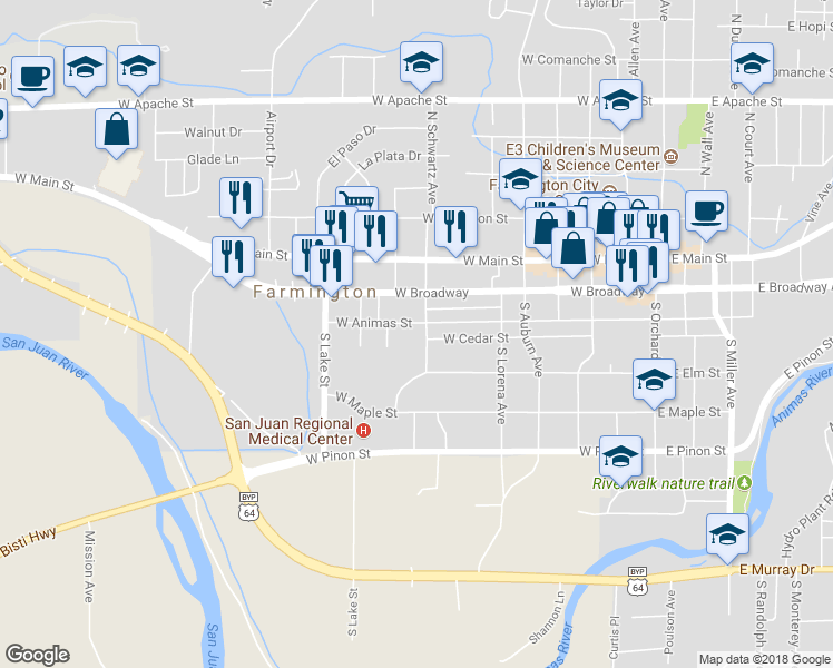 map of restaurants, bars, coffee shops, grocery stores, and more near 303 South Schwartz Avenue in Farmington