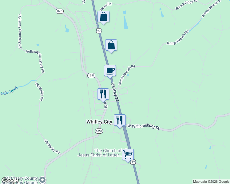 map of restaurants, bars, coffee shops, grocery stores, and more near US Highway 27 in Whitley City