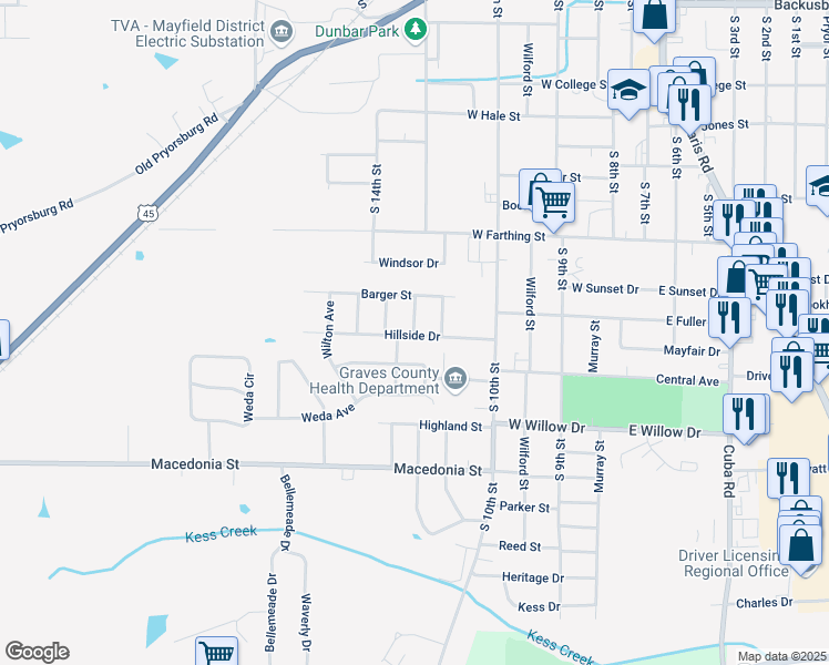map of restaurants, bars, coffee shops, grocery stores, and more near 1110 Brooks St in Mayfield