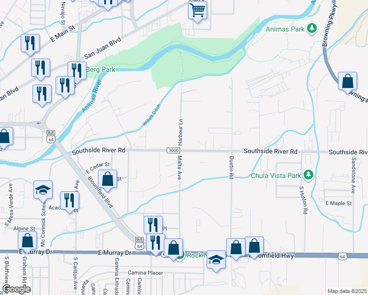 map of restaurants, bars, coffee shops, grocery stores, and more near 2300 Southside River Road in Farmington