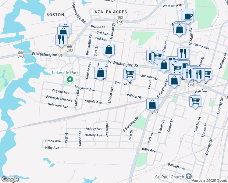 map of restaurants, bars, coffee shops, grocery stores, and more near 212 Linden Avenue in Suffolk