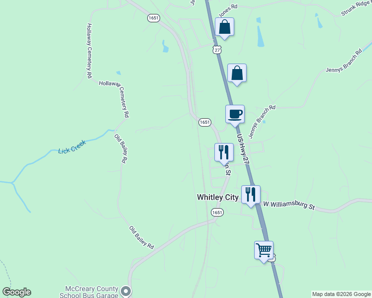 map of restaurants, bars, coffee shops, grocery stores, and more near 51 Bon L Bybee Way in Whitley City