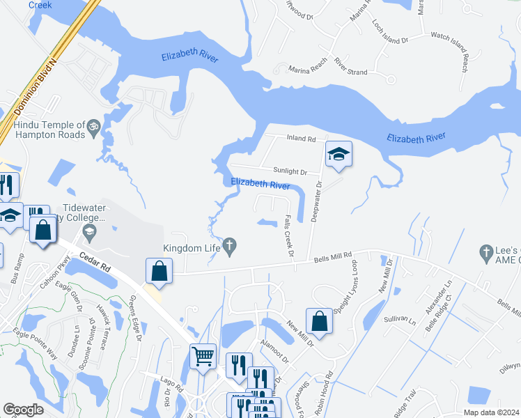 map of restaurants, bars, coffee shops, grocery stores, and more near 806 Falls Creek Drive in Chesapeake