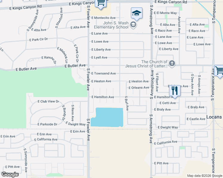 map of restaurants, bars, coffee shops, grocery stores, and more near 735 South Laverne Avenue in Fresno