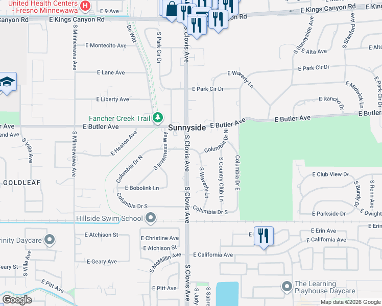 map of restaurants, bars, coffee shops, grocery stores, and more near 5615 Columbia Drive East in Fresno