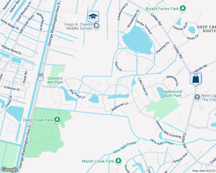 map of restaurants, bars, coffee shops, grocery stores, and more near 309 Silver Rail Lane in Chesapeake