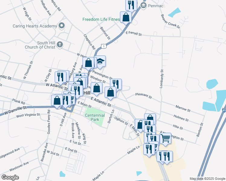 map of restaurants, bars, coffee shops, grocery stores, and more near 231 Windsor Street in South Hill