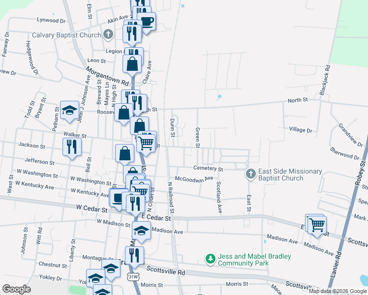 map of restaurants, bars, coffee shops, grocery stores, and more near 499 Larue St in Franklin