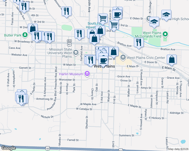 map of restaurants, bars, coffee shops, grocery stores, and more near 210 West Main Street in West Plains