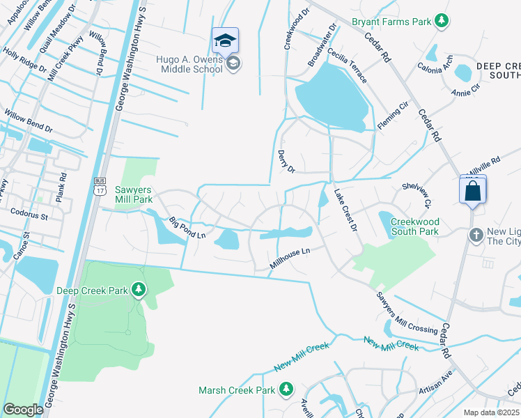 map of restaurants, bars, coffee shops, grocery stores, and more near 309 Silver Rail Lane in Chesapeake