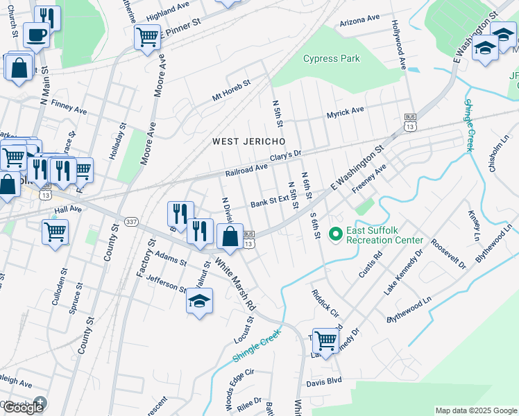 map of restaurants, bars, coffee shops, grocery stores, and more near 210 North Lloyd Street in Suffolk