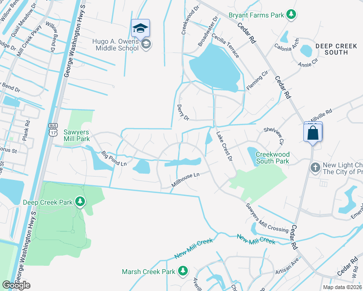 map of restaurants, bars, coffee shops, grocery stores, and more near 304 Overshot Arch in Chesapeake