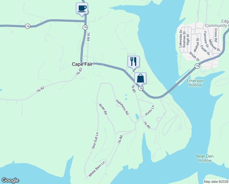map of restaurants, bars, coffee shops, grocery stores, and more near 558 Roan Road in Cape Fair