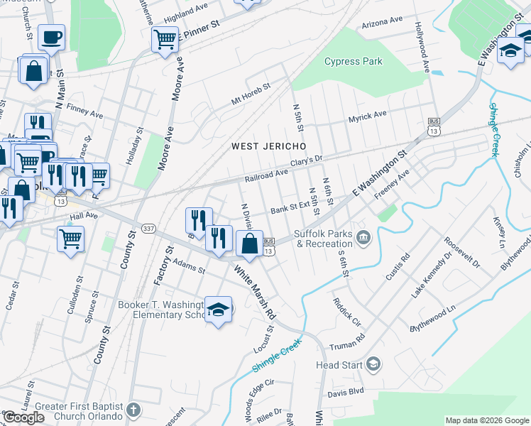 map of restaurants, bars, coffee shops, grocery stores, and more near 210 North Lloyd Street in Suffolk