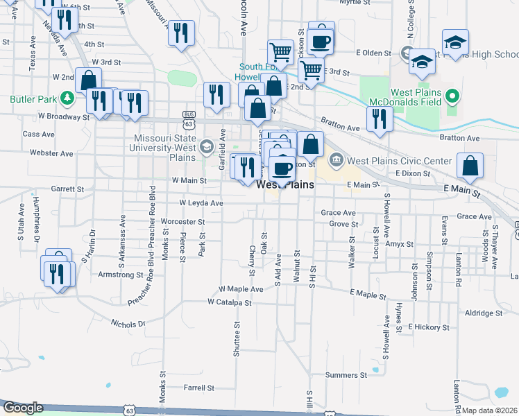 map of restaurants, bars, coffee shops, grocery stores, and more near 210 West Main Street in West Plains