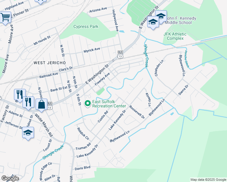 map of restaurants, bars, coffee shops, grocery stores, and more near 402 Roosevelt Drive in Suffolk