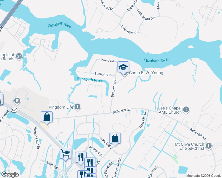 map of restaurants, bars, coffee shops, grocery stores, and more near 212 Deepwater Drive in Chesapeake