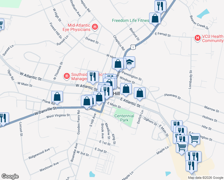 map of restaurants, bars, coffee shops, grocery stores, and more near 123 North Mecklenburg Avenue in South Hill