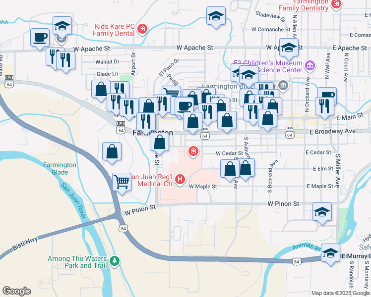 map of restaurants, bars, coffee shops, grocery stores, and more near 726 West Animas Street in Farmington