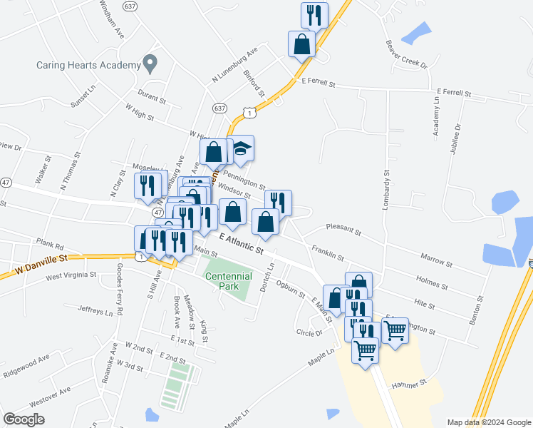 map of restaurants, bars, coffee shops, grocery stores, and more near 303 Franklin Street in South Hill