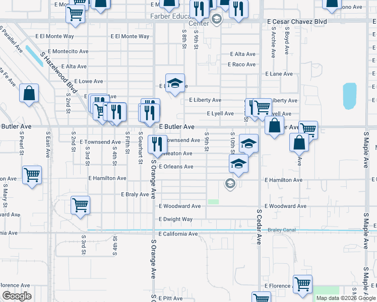 map of restaurants, bars, coffee shops, grocery stores, and more near 3862 East Townsend Avenue in Fresno