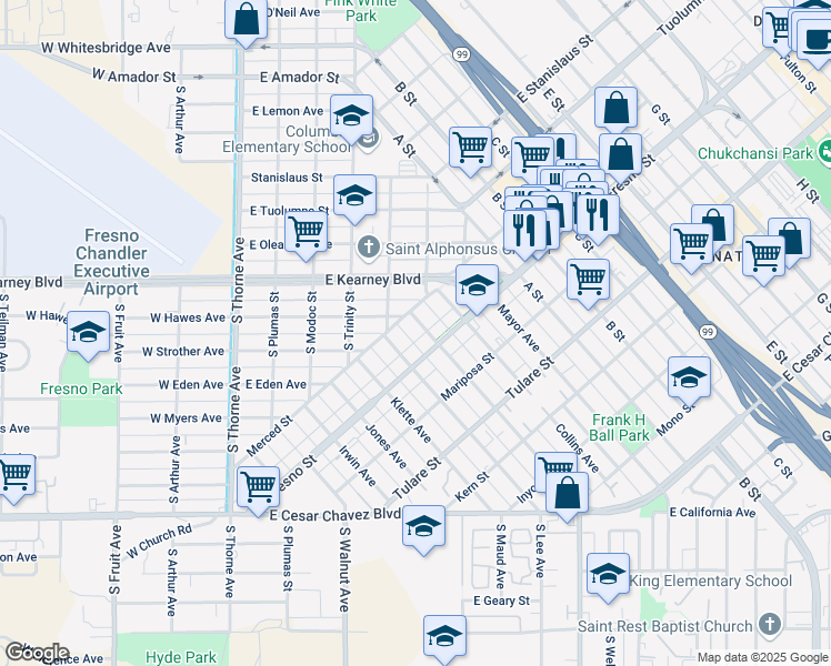 map of restaurants, bars, coffee shops, grocery stores, and more near 1263 Pottle Avenue in Fresno
