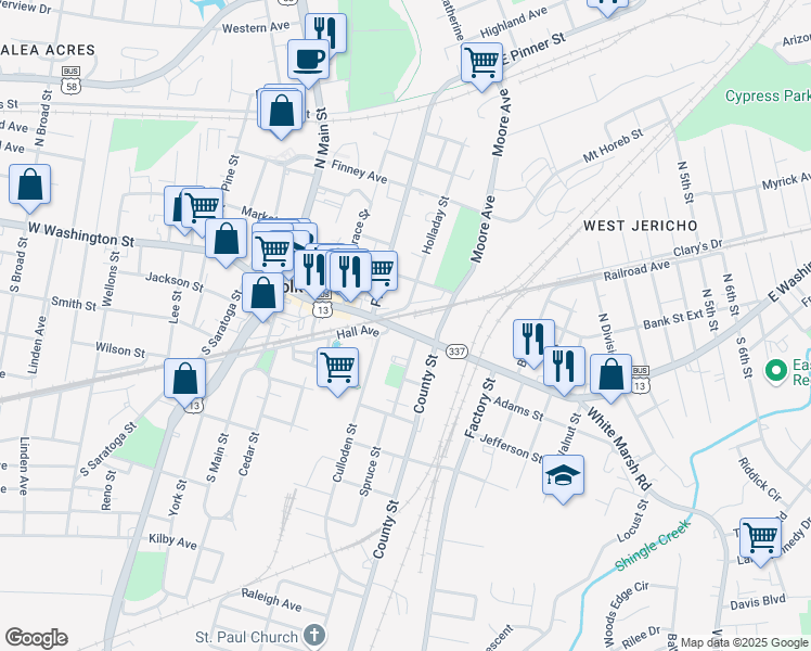 map of restaurants, bars, coffee shops, grocery stores, and more near 100 Holladay Street in Suffolk