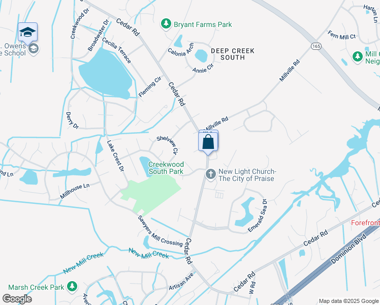map of restaurants, bars, coffee shops, grocery stores, and more near 2512 Tiswood Court in Chesapeake
