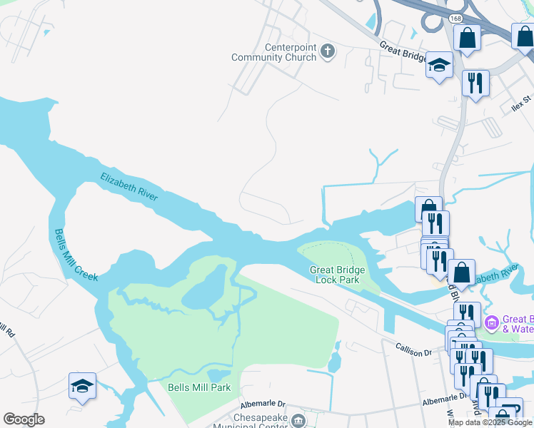map of restaurants, bars, coffee shops, grocery stores, and more near 144 Tranquility Trace in Chesapeake