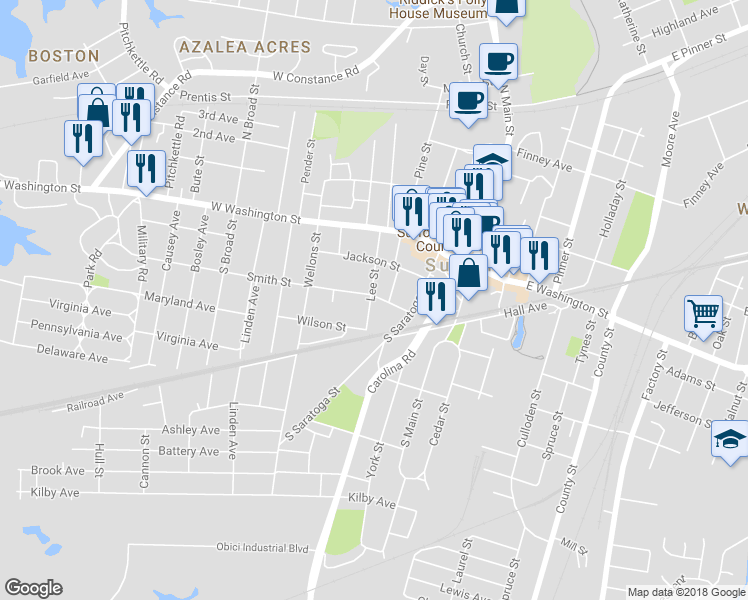 map of restaurants, bars, coffee shops, grocery stores, and more near 313 Smith Street in Suffolk