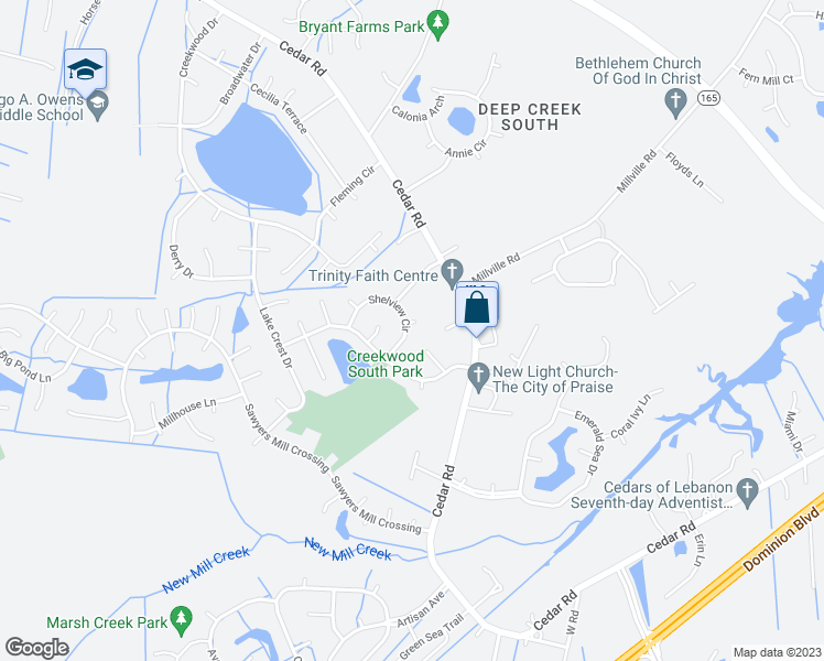 map of restaurants, bars, coffee shops, grocery stores, and more near 2509 Garth Way in Chesapeake