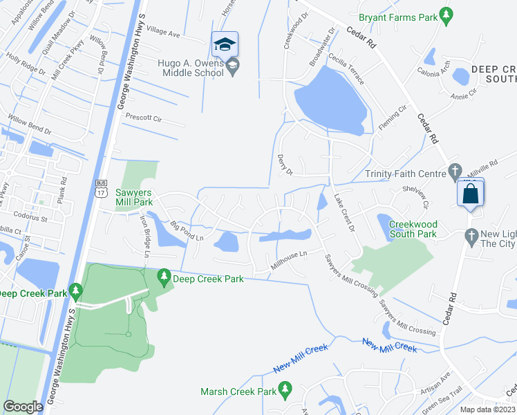 map of restaurants, bars, coffee shops, grocery stores, and more near 304 Silver Rail Lane in Chesapeake