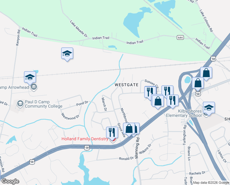 map of restaurants, bars, coffee shops, grocery stores, and more near 217 Delaney Drive in Suffolk