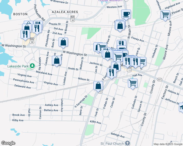 map of restaurants, bars, coffee shops, grocery stores, and more near 413 Smith Street in Suffolk