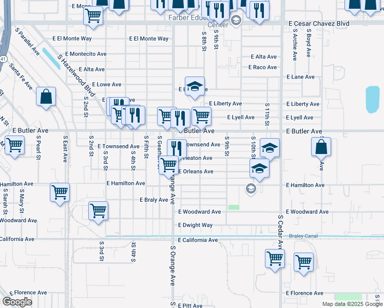map of restaurants, bars, coffee shops, grocery stores, and more near 3746 East Townsend Avenue in Fresno