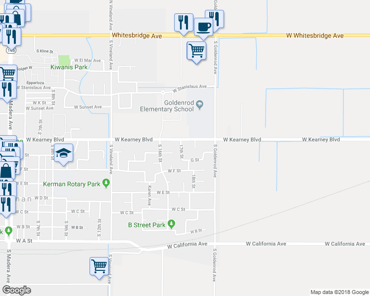 map of restaurants, bars, coffee shops, grocery stores, and more near 410 17th Street in Kerman