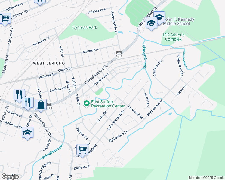 map of restaurants, bars, coffee shops, grocery stores, and more near 402 Roosevelt Drive in Suffolk