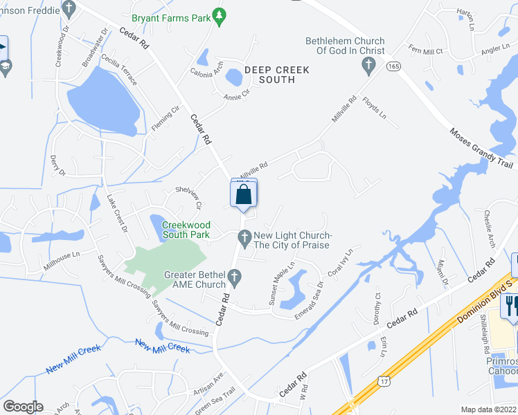 map of restaurants, bars, coffee shops, grocery stores, and more near 2440 Cedar Road in Chesapeake