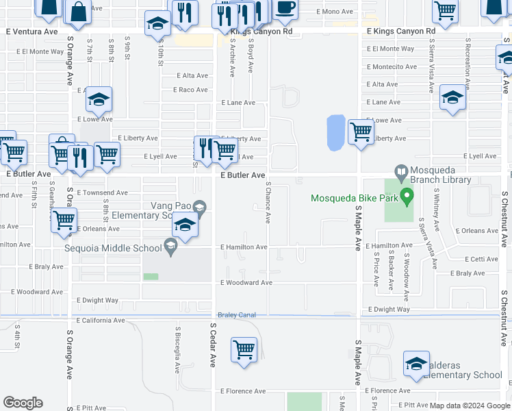 map of restaurants, bars, coffee shops, grocery stores, and more near 1554 South Chance Avenue in Fresno