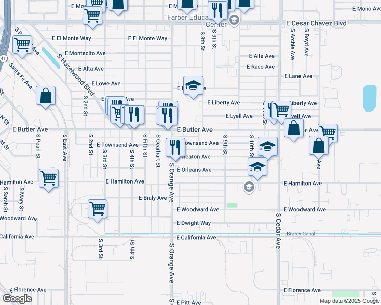 map of restaurants, bars, coffee shops, grocery stores, and more near 3746 East Townsend Avenue in Fresno