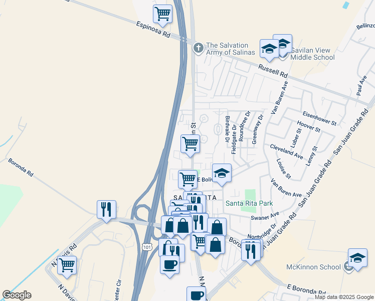 map of restaurants, bars, coffee shops, grocery stores, and more near 2262 North Main Street in Salinas