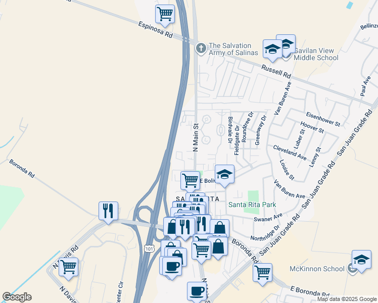 map of restaurants, bars, coffee shops, grocery stores, and more near 35 Brutus Drive in Salinas