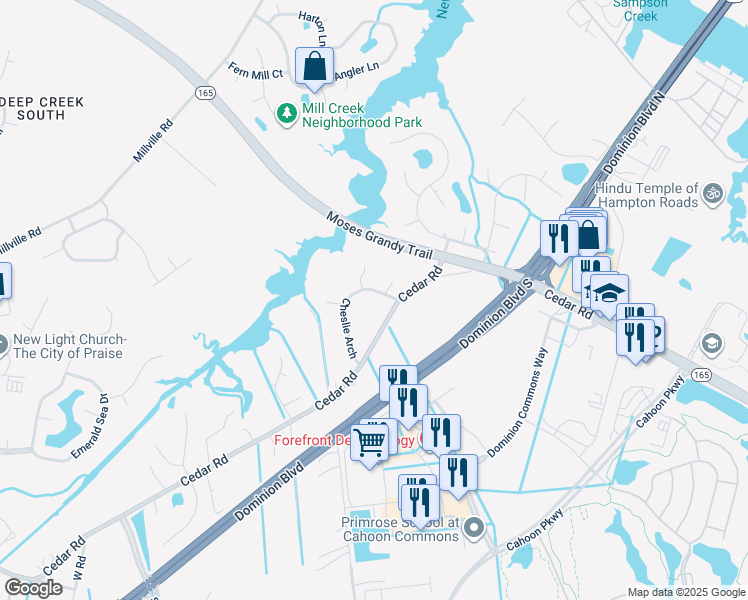 map of restaurants, bars, coffee shops, grocery stores, and more near 1705 Cheslie Arch in Chesapeake