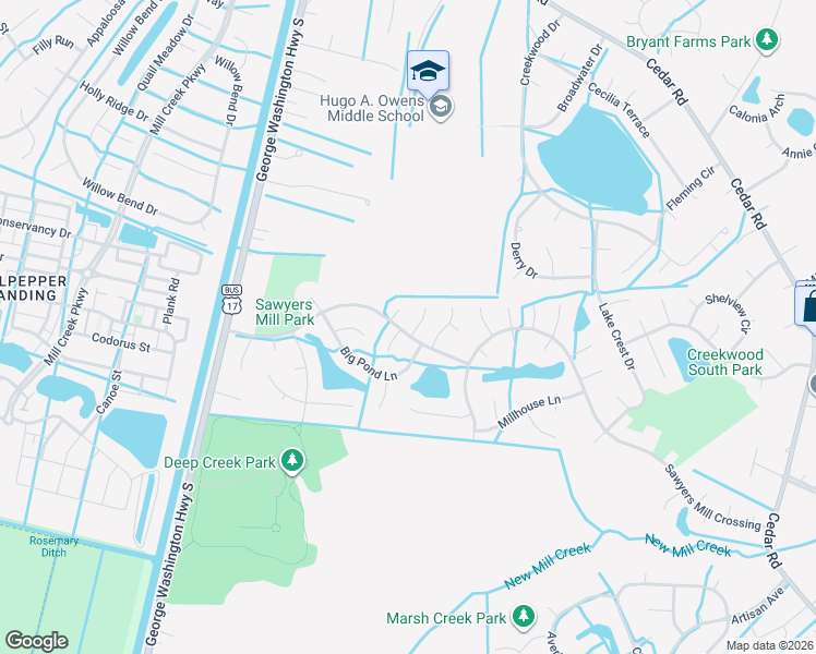 map of restaurants, bars, coffee shops, grocery stores, and more near 308 Red Rider Lane in Chesapeake