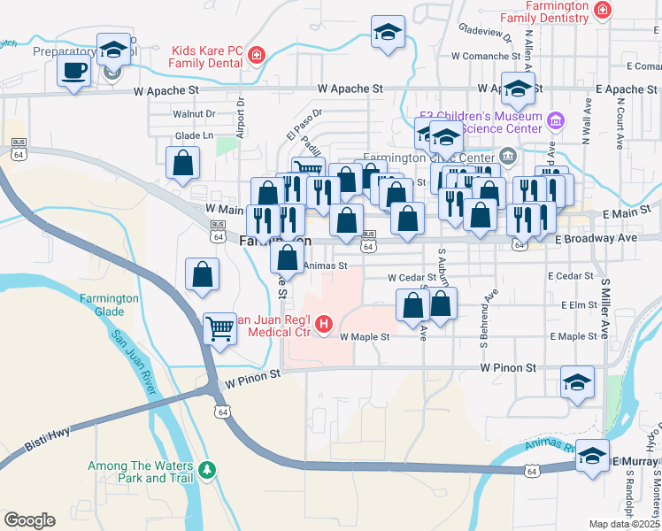 map of restaurants, bars, coffee shops, grocery stores, and more near 744 West Animas Street in Farmington