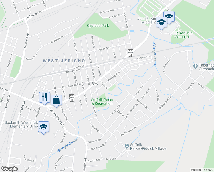 map of restaurants, bars, coffee shops, grocery stores, and more near 204 South 8th Street in Suffolk