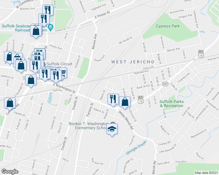 map of restaurants, bars, coffee shops, grocery stores, and more near 608 Bank Street Extended in Suffolk
